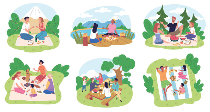 People picnic on nature. Family and friends with dog eat food on summer nature, couple romantic lunch in park garden table or mountain outdoor recreation classy vector illustration