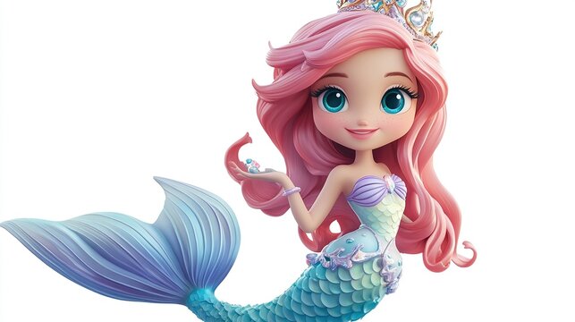 Cute cartoon mermaid princess with pink hair and teal tail.
