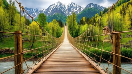 Fototapeta premium Wooden suspension bridge over a mountain river. Lush green forests and snow-capped peaks in the background