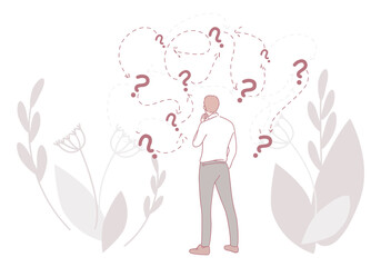 A man deeply contemplating important decisions while surrounded by beautiful floral designs and floating question marks