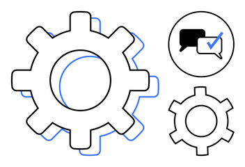 Large gear alongside smaller gear with a chat bubble featuring a checkmark. Symbolizes communication, teamwork, settings, progress, efficiency. Ideal for collaboration, automation, technology