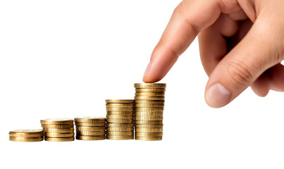 Growth in Finance Concept with Hand Pointing at Coins Stack Isolate on Transparent Background, cutout, png