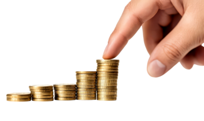 Growth in Finance Concept with Hand Pointing at Coins Stack Isolate on Transparent Background, cutout, png