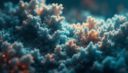 Fototapeta premium Cosmic coral-like structures glow softly amidst swirling nebula dust in shades of indigo, turquoise, and pearl.