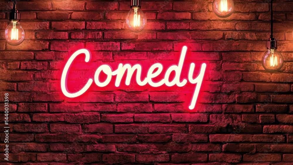 Poster glowing neon sign displaying the word comedy illuminates a brick wall, creating a vibrant and inviti