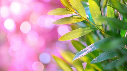 Obraz premium Green Plant Leaves with Bokeh Pink Background for Natural Abstract Design