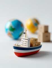 Miniature Cargo Ship Sailing Between Globe and Cardboard Boxes on White Background