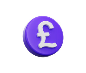 3D Purple coin with white Pound symbol, representing British currency and finance. 3d illustration