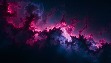 Cosmic nebula swirls with red, pink, blue, and violet hues; a glimpse into deep space.