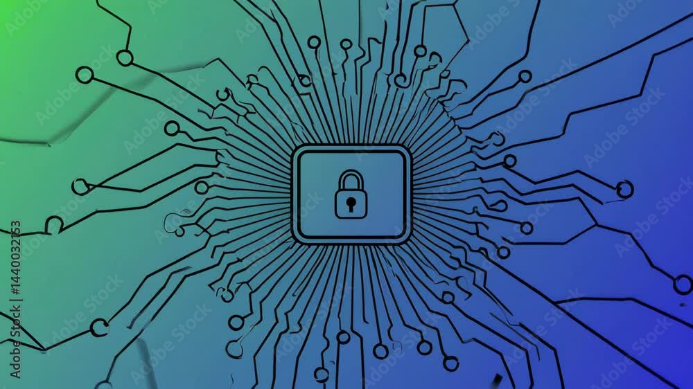 Poster Complex network of circuits surrounds a central processing unit, symbolizing data protection and cybersecurity, with a prominent lock icon reinforcing the concept of secure login and encrypted code