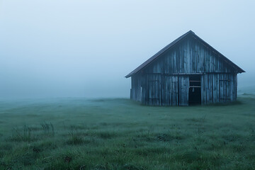 Weathered Wooden Barn in Misty Landscape Surrounded by Lush Green Grass