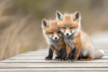 Fototapeta premium Adorable fox cubs cuddling on a wooden dock.