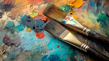Fototapeta premium Colorful Artist Palette with Paintbrushes Showing Vibrant Texture