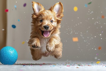 Energetic puppy playtime: happy dog leaping with blue ball and colorful confetti