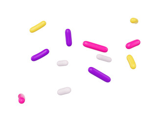 Bright and colorful candy sprinkles scattered and floating in mid-air, 3d illustration