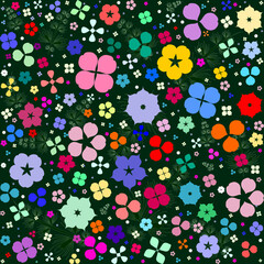 Seamless pattern with bright colored flowers and green background