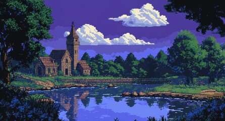 Pixelated village church by a tranquil river