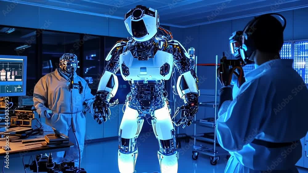 Poster innovative robotics lab showcases advanced humanoid technology and coding in a futuristic environmen