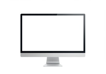 A computer monitor with a blank white screen on a silver stand isolated against a white background view front