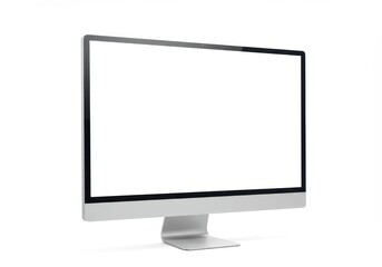 A desktop computer with a blank white screen stands on a white surface in a studio environment view
