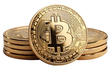 3 golden Bitcoin coins, front view, transparent background
