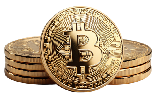 3 golden Bitcoin coins, front view, transparent background
