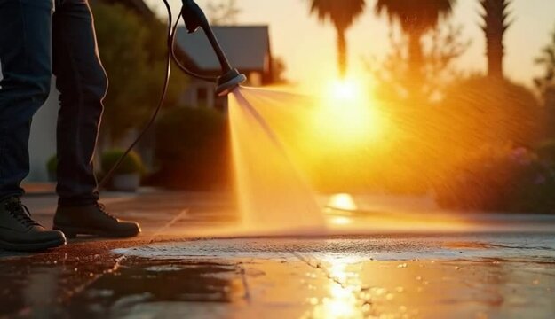 Man outdoor power work washing concrete driveway with electric pressure washer in sunny suburban morning. Concept Home Maintenance, Pressure Washing, Driveway Cleaning, Outdoor Chores, Morning Routine