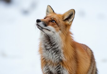 Obraz premium Portrait of a red fox looking up in a snowy environment with a curious and attentive expression