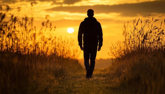 Silhouette of a man in a black hoodie and jeans walking away from the camera. He strides down a grassy path under a stunning golden sunset sky, fading into the horizon