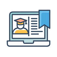 Online Graduation Ceremony Vector Icon: Laptop, Graduate, Diploma, and Bookmark