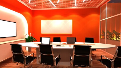 Modern empty meeting room with big conference table, on the wall big tv with big data analysis, charts and infographics. Contemporary designed work environment
