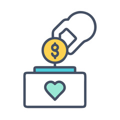 Hand donating money to charity box with heart on a black background.