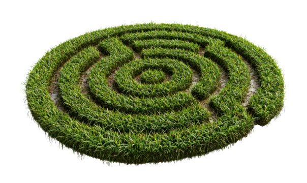 Green Grass Maze Design with Circular Pathways in Nature Isolate on Transparent Background, cutout, png