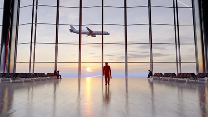 Travel Insurance, Airport Travel,flight, holiday. A man walks to the window at the airport and a...