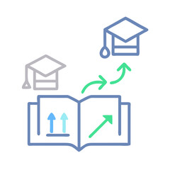 Education and Progress: Book, Arrows, and Graduation Caps Icon on Black