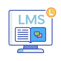 Learning Management System on Computer Screen with Book and Chat Bubbles Illustration