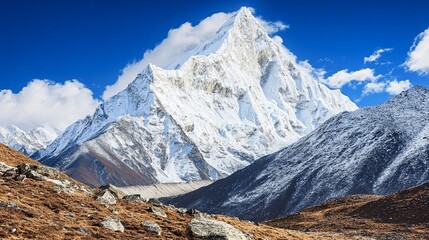 Majestic snow-capped mountain against a bright blue sky. Rugged terrain in the foreground