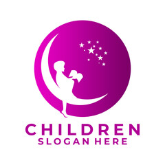 Child Dream logo design vector template. Children and Moon logo design vector