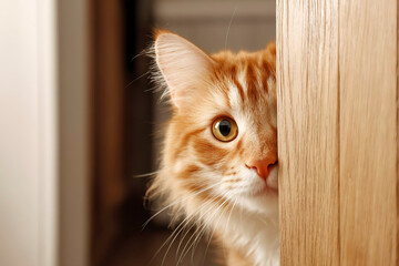 A red-haired fluffy adult domestic cat timidly peeks out with one eye from behind a wooden door in an apartment.