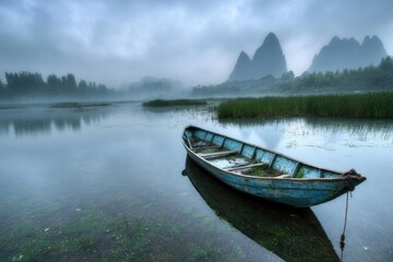 Serene Water Scene with Lone Boat and Misty Mountain Backdrop in China