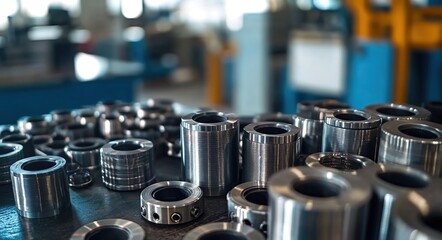 Precision-machined circular metal components on a blue workbench in an industrial workshop.