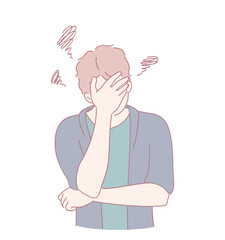 A young man, visibly frustrated, has one hand covering his face, which illustrates a deeply relatable emotion