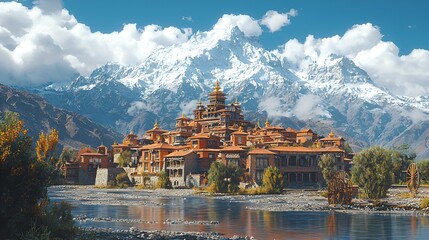 Majestic mountain monastery reflected in calm river.
