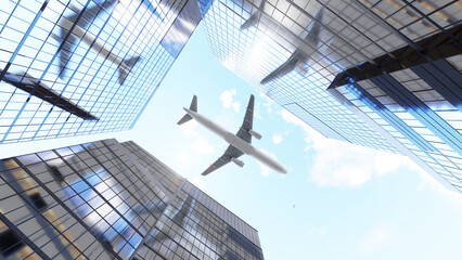 ULTRA HD. An airplane flew over the city between the buildings. Airplane flying over buildings in city, low angle view. Skyscraper airplane. Success business concept. 