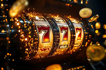 Slot machine lever being pulled in dramatic slow motion, with the reels spinning with jackpot and coins in the background, glowing faintly in golden light.