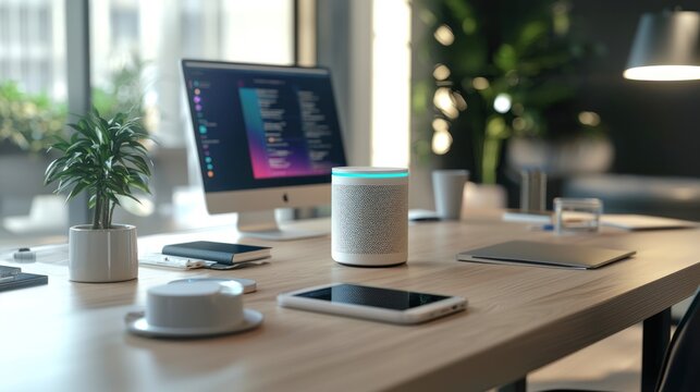 A modern office desk with smart gadgets like a virtual assistant and IoT-enabled devices.