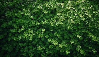 Fototapeta premium Dense field of bright green four-leaf clovers covering the ground.
