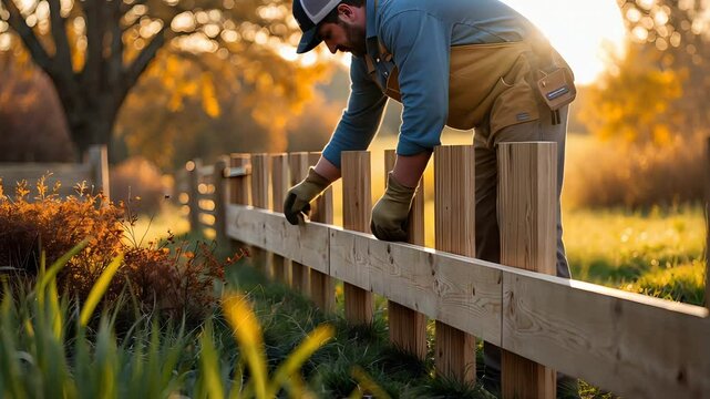 Worker wearing gloves and toolbelt installing wooden fence rails in a sunlit garden landscape with trees and warm golden hour light

