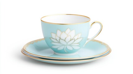 Fototapeta premium Elegant Thai Royal-Style Tableware Featuring Light Blue Cup and Saucer with Lotus Design and Gold Accents