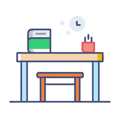 Desk with Book and Pencil Holder Icon on Black Background